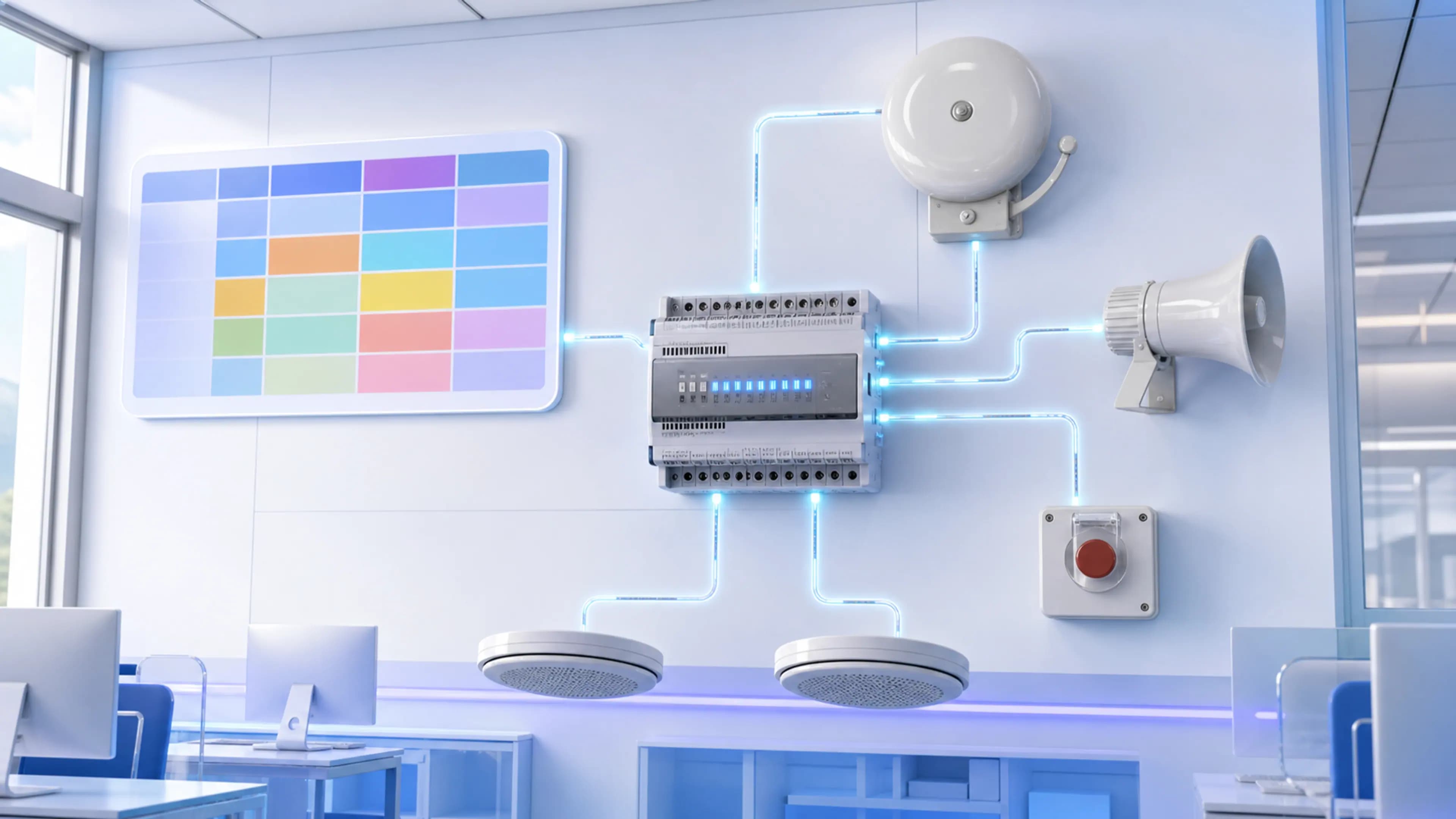 Timetable connected to automatic bell controls and announcement hardware