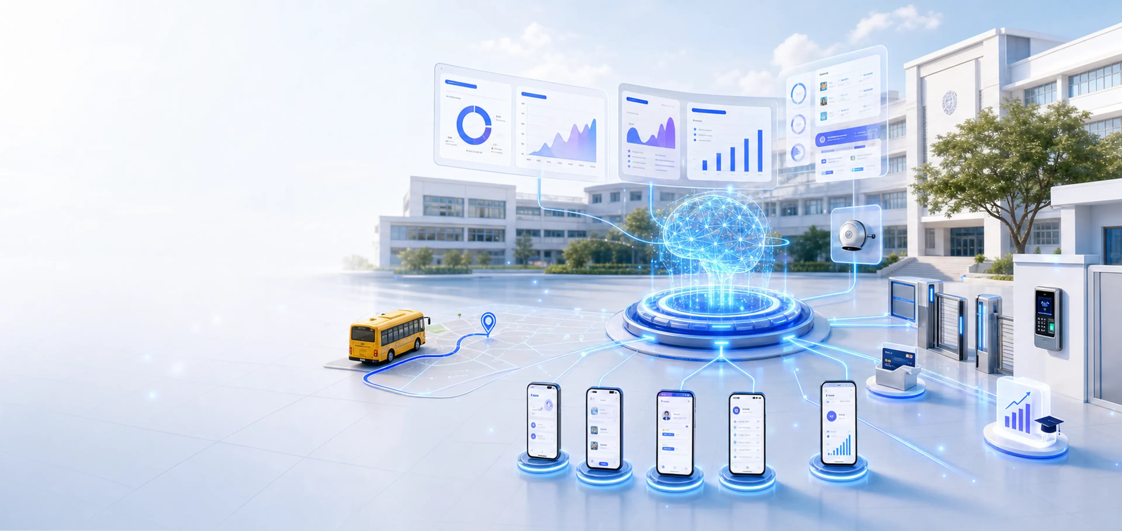 EduNixora AI connecting a modern school campus, mobile applications, GPS bus, access devices and ERP dashboards